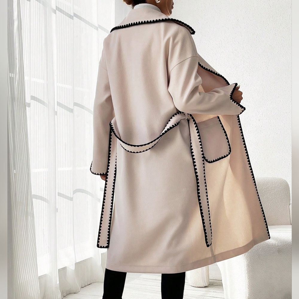 Colorblock Edging Belted Woolen Coat With Double Pockets - Picture 3 of 6
